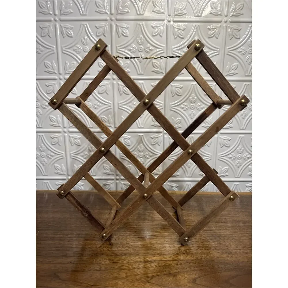 Vintage Wood Wine Rack 5 Bottle Expanding Folding Accordion Style Holder Barware